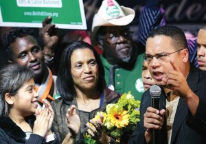 KEITH ELLISON speaks to supporters as he runs for Congress in 2006. Ten years later he is seeking to chair the Democratic Party.. (photo credit:REUTERS)
