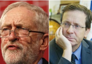 Opposition leader Isaac Herzog (Zionist Union) and UK Labor leader Jeremy Corbyn . (photo credit:REUTERS)