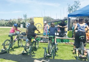 EARTH DAY CELEBRANTS try out electricity-generating bicycles yesterday in Haifa’s Kishon Park.. (photo credit:MICHELLE MALKA GROSSMAN)